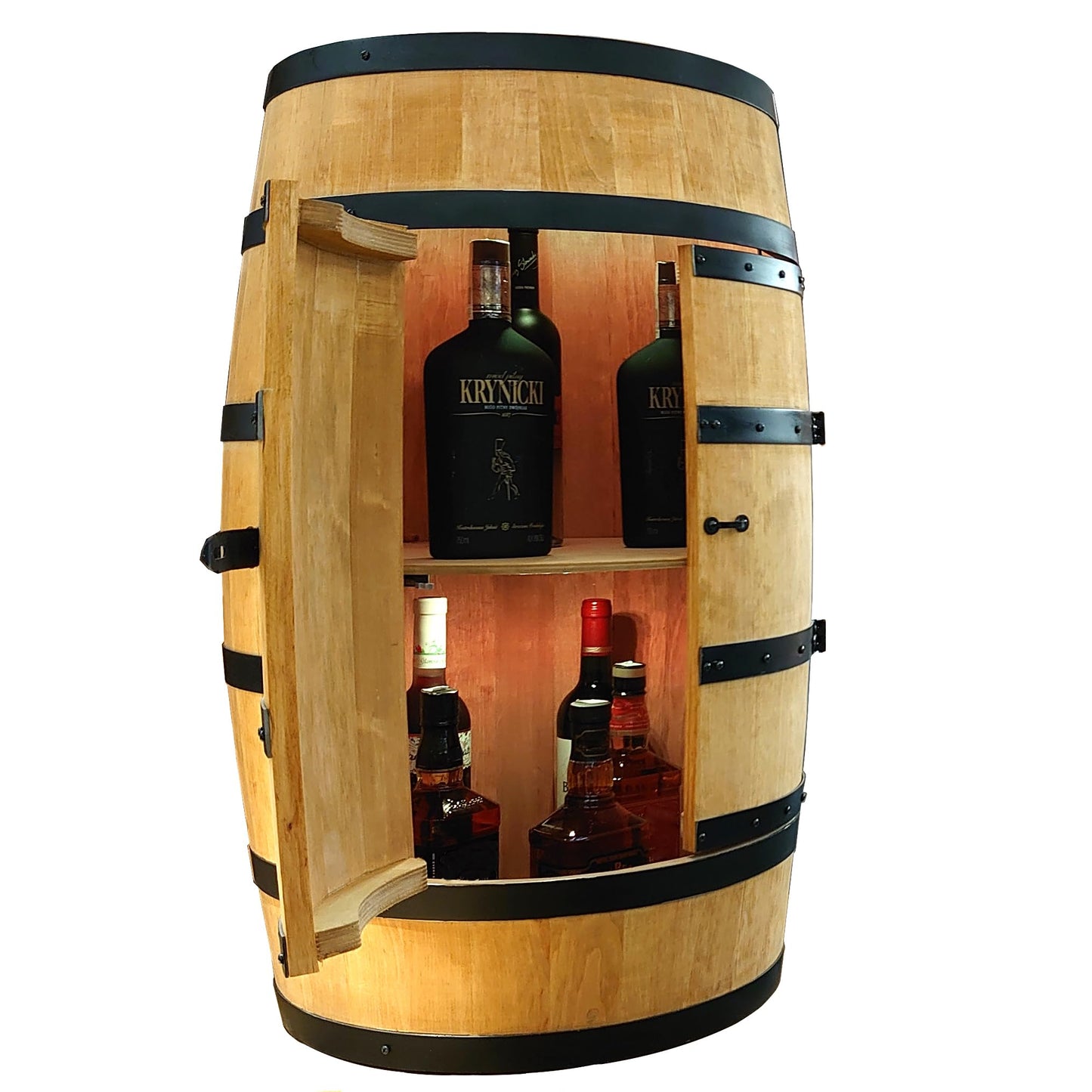 CREATIVE COOPER Wooden Wine Rack with Door with LED - Alcohol Cabinet Bottle Rack Wood - Wooden Barrel - Barrel Furniture - Wine Stand - Wine Barrel - Wine Bar - Barrel Bar with Door - Mini Bar 80 cm