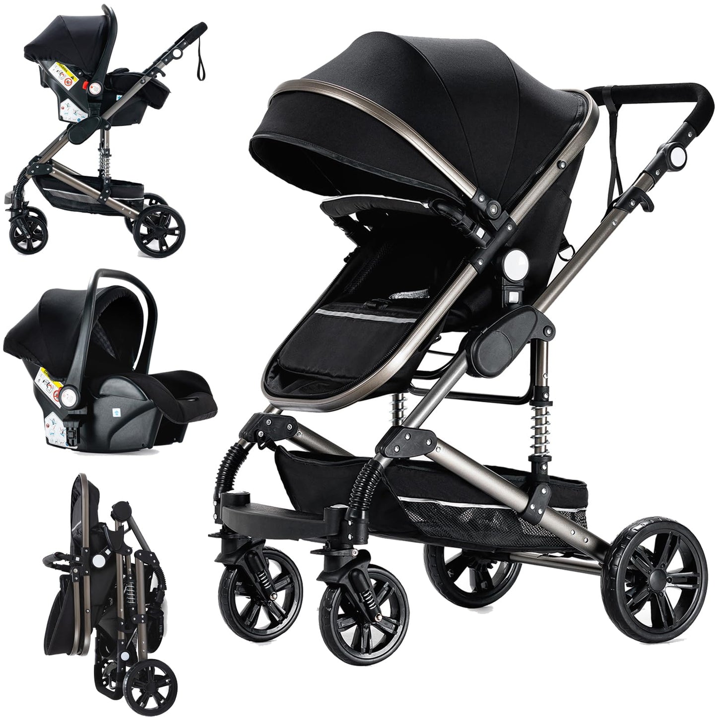 Doraystar 360° Rotation PU Leather Pushchair 3-in-1 Combination Pushchair 3-in-1 with Two Reversible Sliding Modes, Pushchair Complete Set with One-Click Folding Design, Aluminium Alloy Frame (906