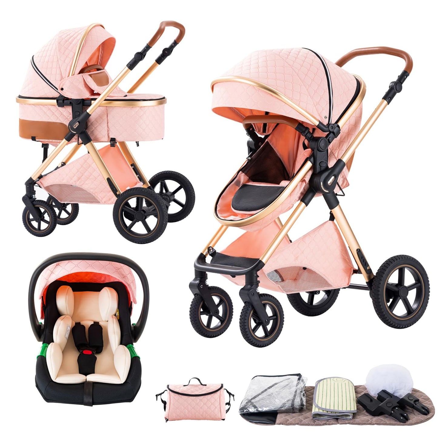 BEBBY 3-in-1 Pushchair Combination Pram Set 2-in-1 Buggy Foldable Luxury High Landscape Newborn Portable Foldable Pushchair Travel System (Black Gold, H2)