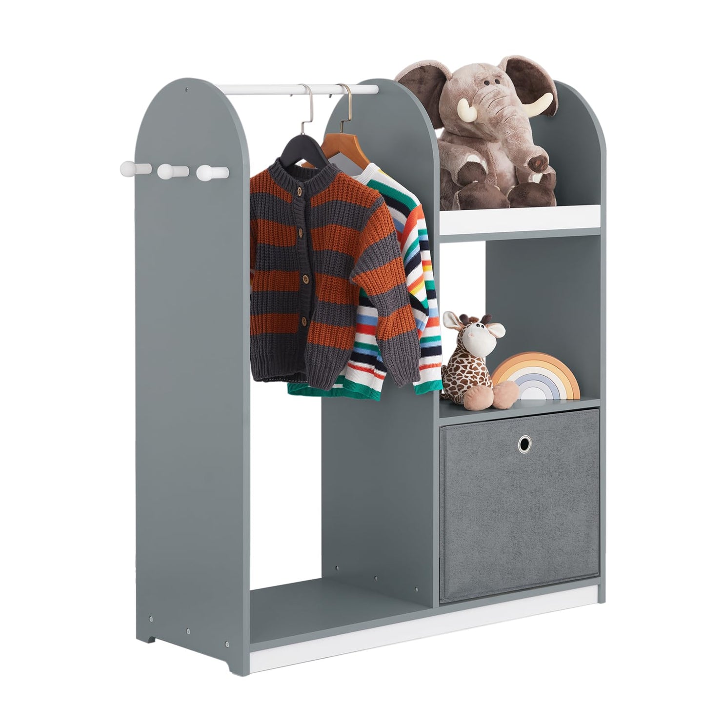 SoBuy KMB40-W Children's Wardrobe with 3 Hooks Children's Wardrobe Children's Wardrobe with Boxes Clothes Rack Children's Shelf Children's Room White 97 x 108 x 35 cm