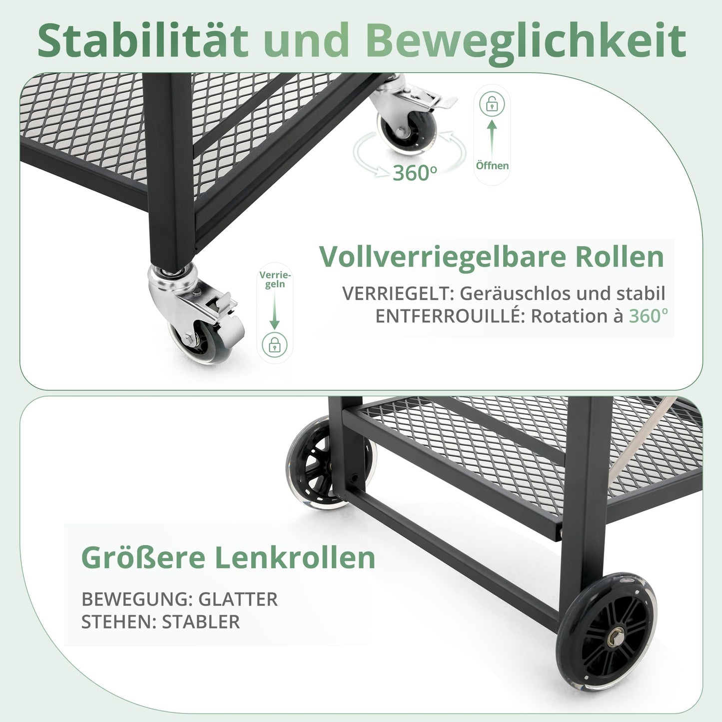 LUE BONA Folding BBQ Trolley, BBQ Table with 2 Shelves, Outdoor Kitchen Side Table on Wheels, Serving Trolley for Garden, Barbecue, Camping, Stainless Steel Table Top