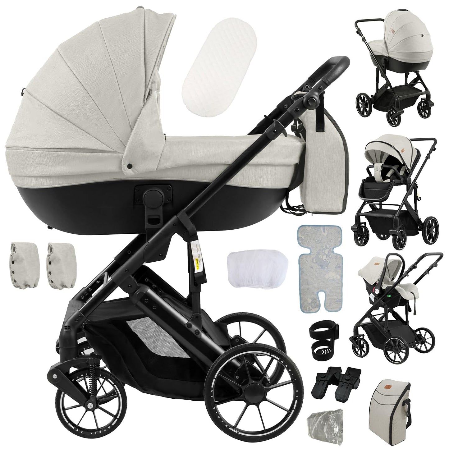 Doraystar 360° Rotation PU Leather Pushchair 3-in-1 Combination Pushchair 3-in-1 with Two Reversible Sliding Modes, Pushchair Complete Set with One-Click Folding Design, Aluminium Alloy Frame (906