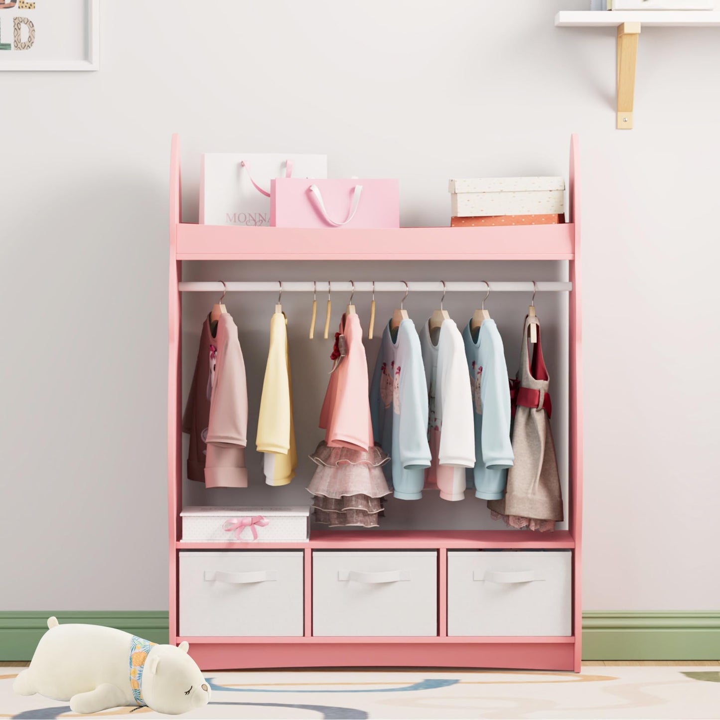 Children's Clothes Rack with Mirror, Clothes Rail with Shelves, Children's Wardrobe Wood, Children's Shelf for Children's Room, 81 x 28 x 106.5 cm (Clouds with 2 Drawers, White)