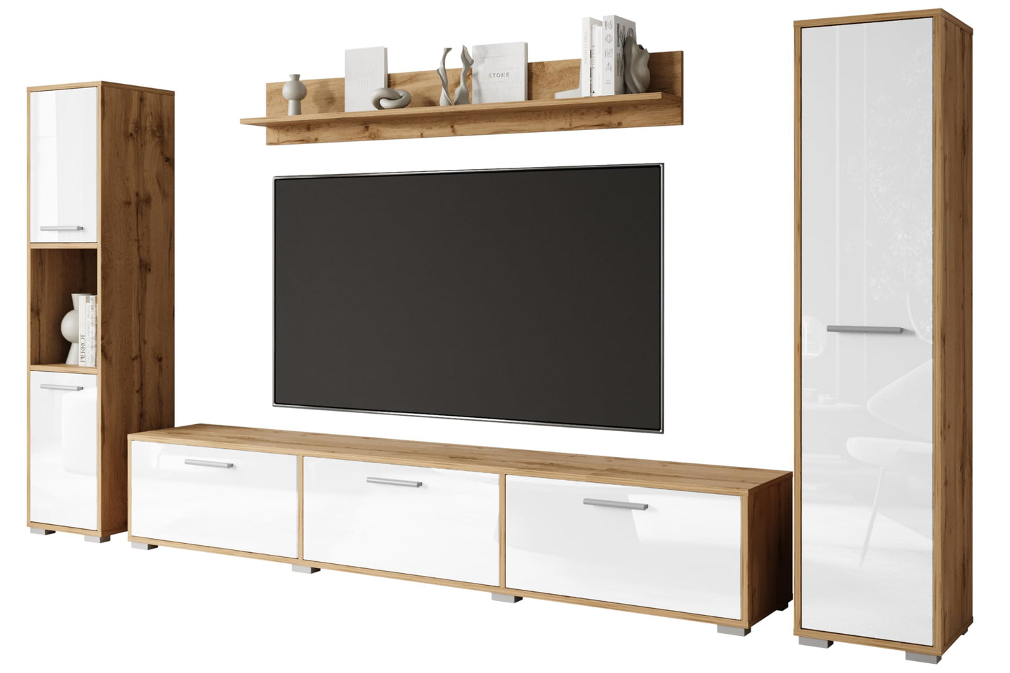 MINIO go for it - Living Room Wall Unit 4-Piece Toga, Living Room Furniture Set, 1 x TV Lowboard, 2 x Tall Cabinet, 1 x Wall Board, Living Room Furniture Complete, Living Room Set - Colour Wotan Oak