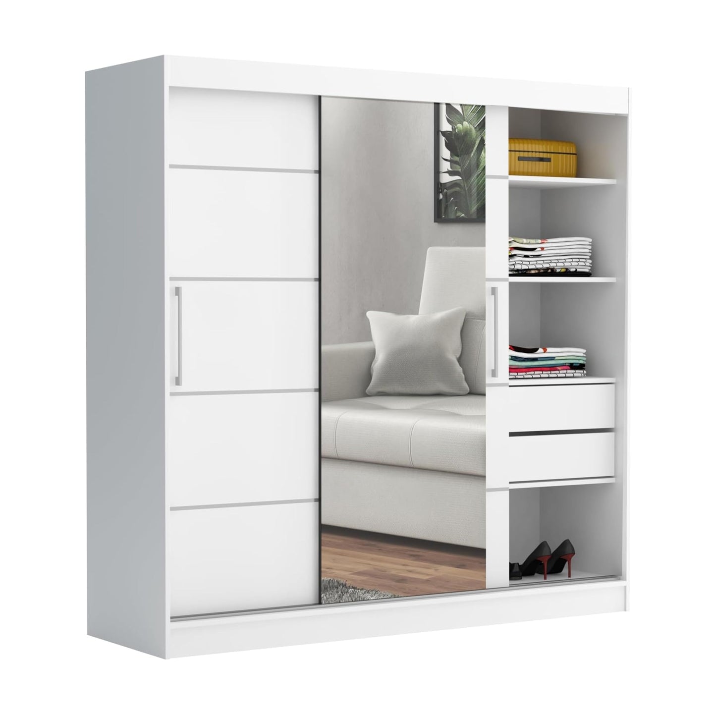 Brent - Kleiderschrank mit Spiegel und Schubladen 200cm Breit Chelsea Tomy, Schwebetürenschrank mit Spiegel, Schlafzimmerschrank, Kleiderschrank Schwarz/Wotan Eiche
