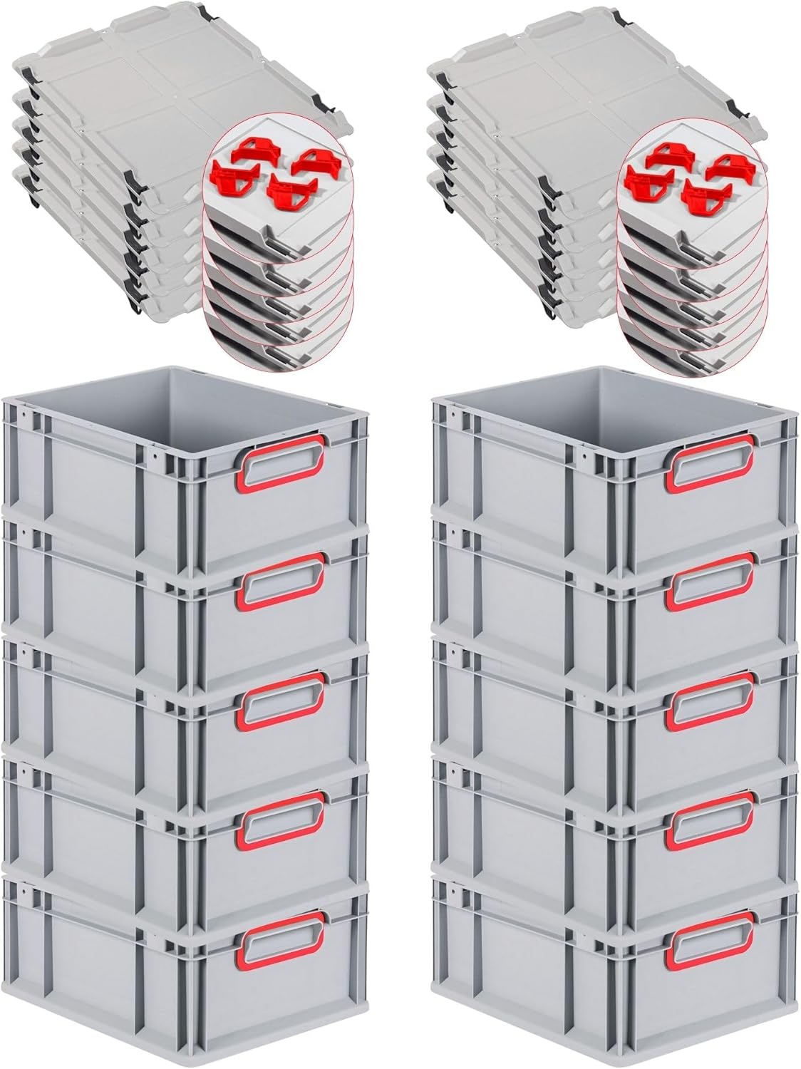 PROREGAL Economy Set of 5 Eurobox NextGen Colour with Lid and Sliding Snap Fasteners, H x W x D 22 x 30 x 40 cm, 20 L, Black, Closed Handles, Euro Container, Transport Box, Transport Container