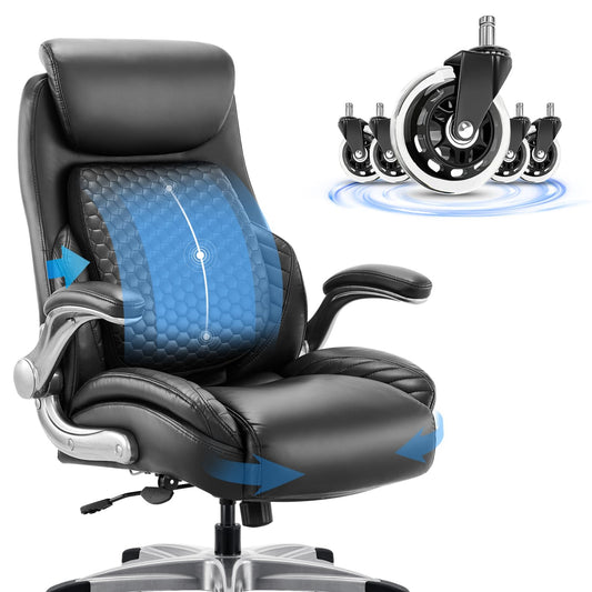 COLAMY Leather Executive Chair - Ergonomic, Extra Wide Seat with Pocket Spring Core, Maximum Load 136 kg, Breathable & Comfortable for Home Office (Black)