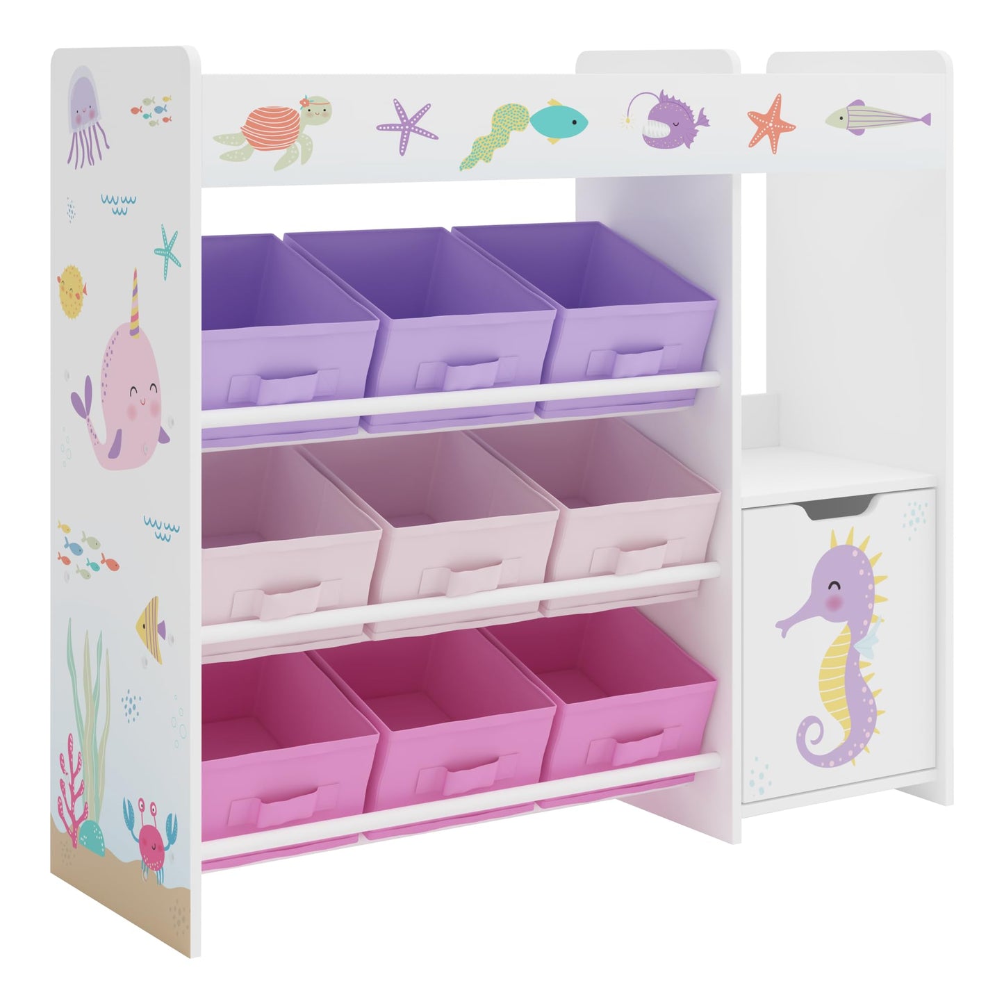 [en.casa] Kinderregal Søndreland Bücherregal für Kinder mit 9 Aufbewahrungsboxen Spielzeugregal mit Schrank 80 x 90 x 30 cm Spielzeug Aufbewahrung Ozean Motiv