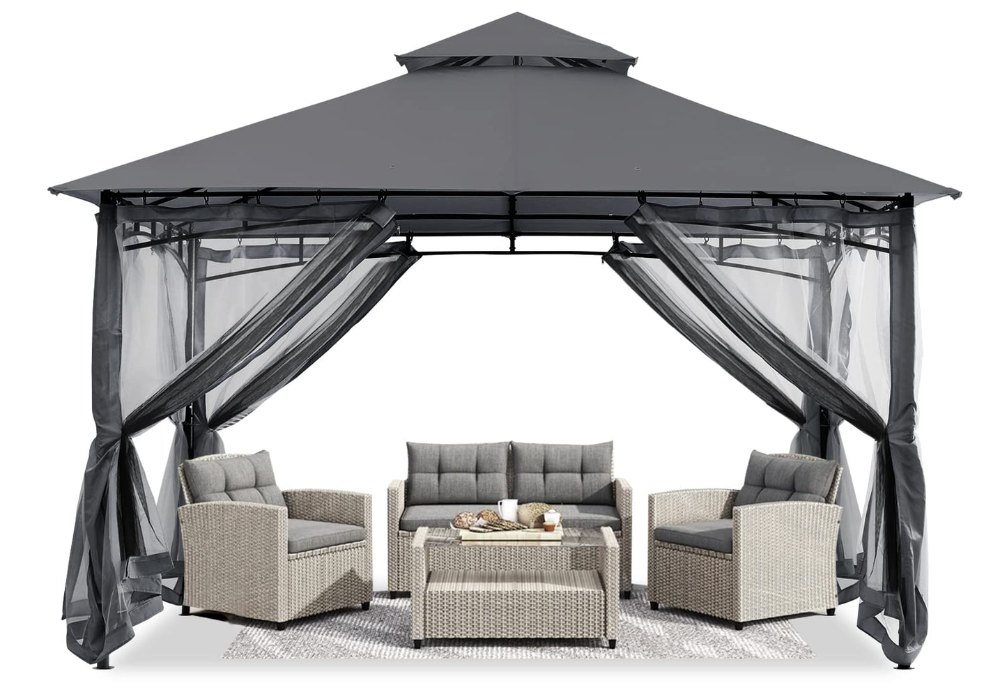 ABCCANOPY Pavillon 2.5x2.5m Wasserdicht Stabil Winterfest Gartenpavillon，Doppeldachweichdach Hinterhof-Partyzelt mit Netz für Schatten und Regen,Grau