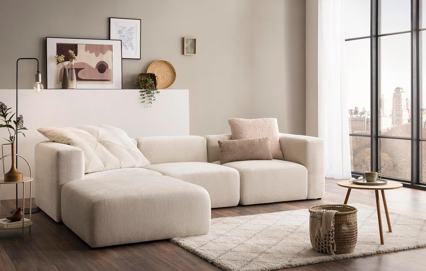 DOMO. collection Adrian Modular Sofa, 3-Seater Made of 2 x Corner Chairs and 1 x Chair, Big Sofa, Module Couch, 3 Upholstery Elements, 3-Seater Couch, 301 x 108 x 69 cm (W x D x H), Cream