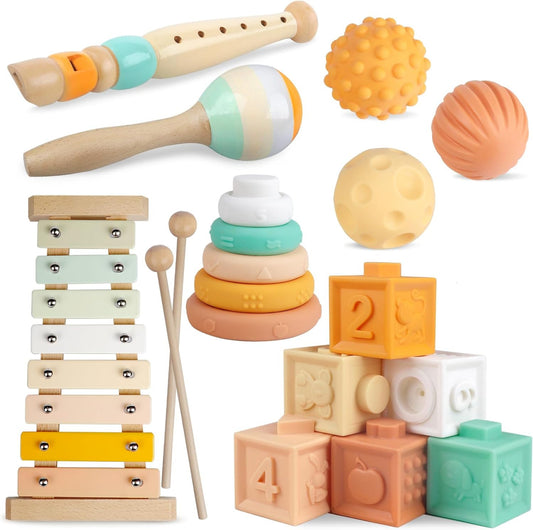 Baby Toy for 6 to 12 Months Baby Montessori Toy Includes Wooden Stacking Stones, Infant Teething Toys, Sensory Balls and a Xylophone Musical Toy for Toddlers Over 1 Year Old