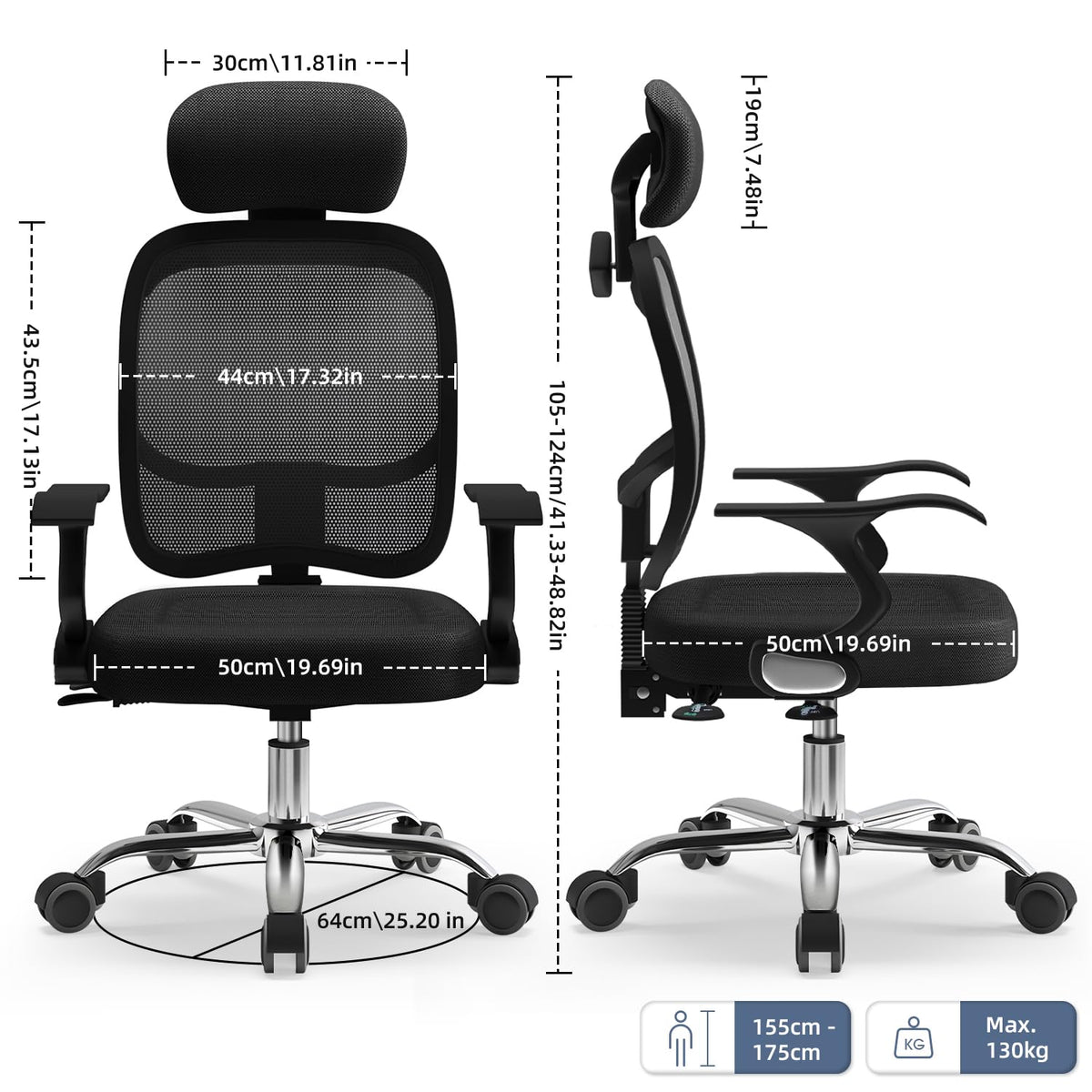 Airchros Ergonomic Office Chair, Desk Chair with Folding Armrests, Adjustable Lumbar Support, Height-Adjustable Executive Chair, Swivel Chair, Mesh Chair with Rocker Function up to 125°, Black