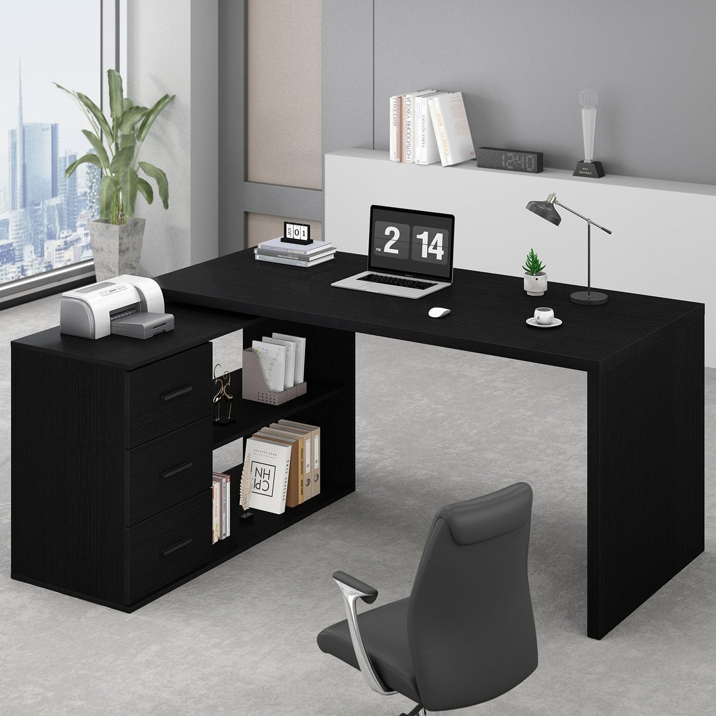 HSH Desk L Shape Modern Corner Desk Computer Desk with 3 Drawers and 2 Shelves Reversible Corner Desk with Storage Space for Home Office Table Desk White 140 cm