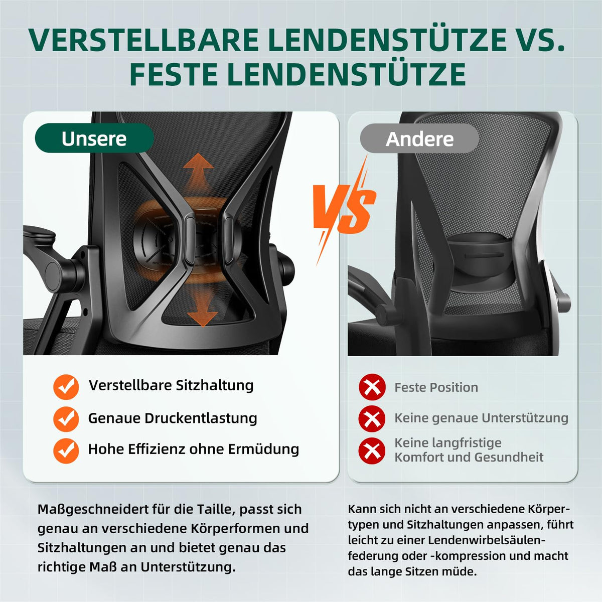 Airchros Ergonomic Office Chair, Desk Chair with Folding Armrests, Adjustable Lumbar Support, Height-Adjustable Executive Chair, Swivel Chair, Mesh Chair with Rocker Function up to 125°, Black
