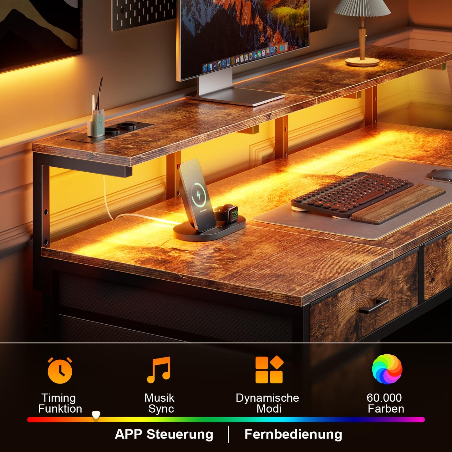 Schreibtisch mit 8 Schubladen, Computertisch mit 2 Steckdosen und 2 USB Ladeanschluss, Bürotisch mit LED und Monitorständer, PC Tisch für Büro, Wohnzimmer, 120 x 50 x 74 cm, Weiß