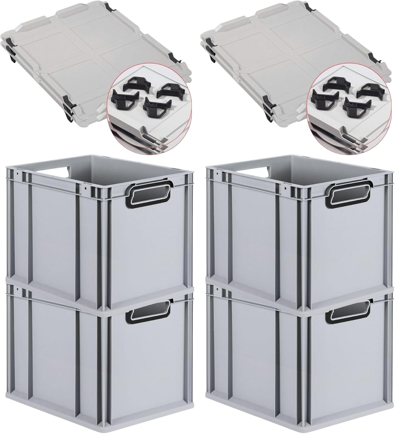 PROREGAL Economy Set of 5 Eurobox NextGen Colour with Lid and Sliding Snap Fasteners, H x W x D 22 x 30 x 40 cm, 20 L, Black, Closed Handles, Euro Container, Transport Box, Transport Container