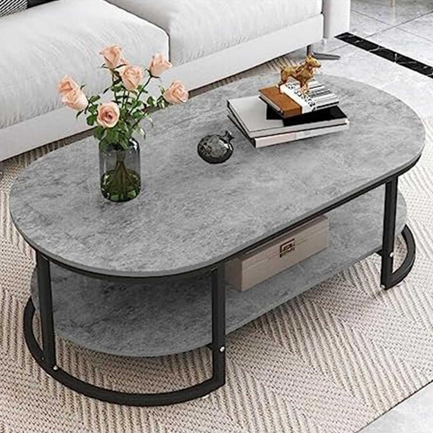 100-120 cm Oval Coffee Table Made of Nordic Marble, Creative Metal Side Table, Fashion Wrought Iron Living Room Table, Home Living Room Furniture, Coffee Table