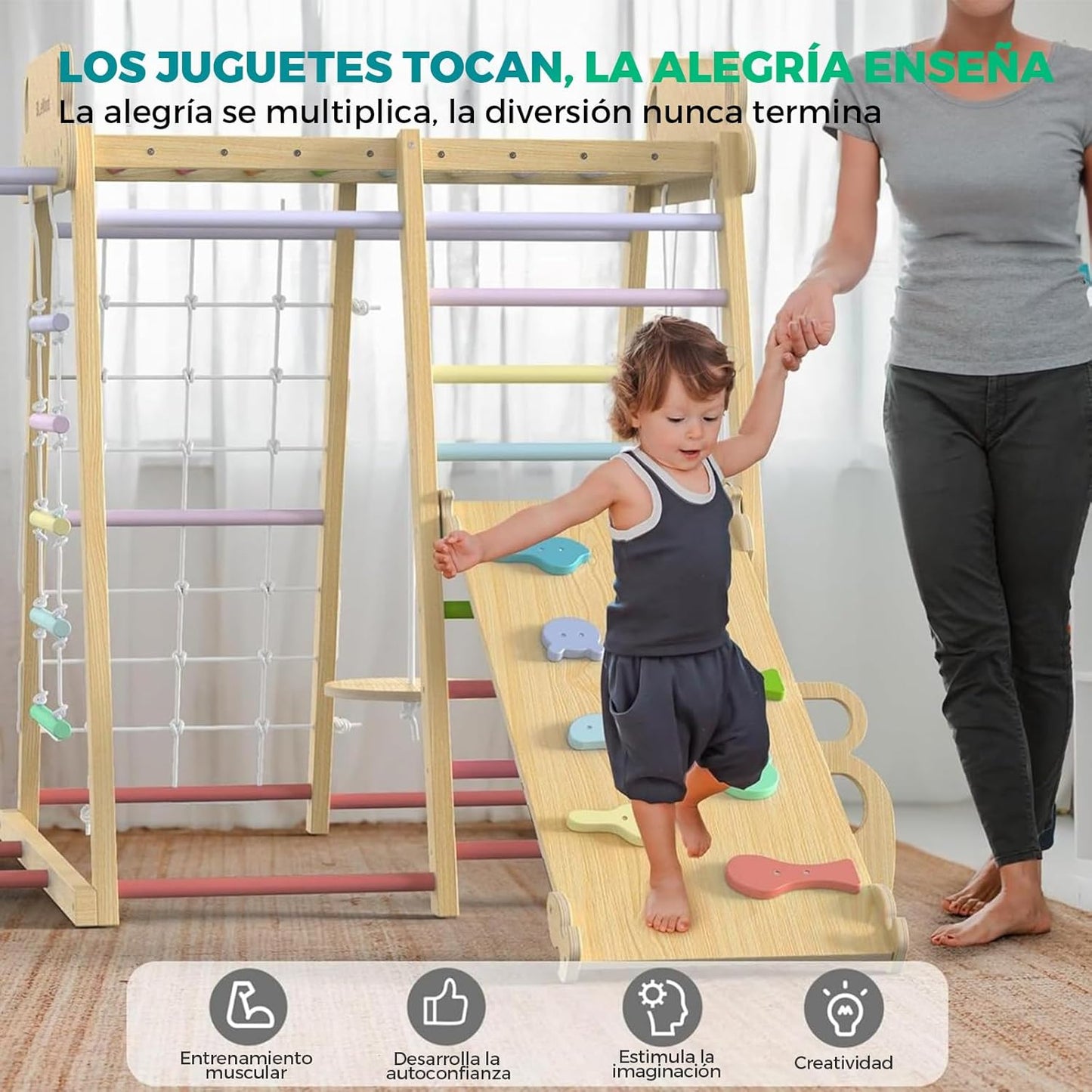 SOFTHOM Indoor Climbing Frame Montessori Climbing Triangle for Children from 1 Year Old, Indoor Playground with Slide, Climbing Net and Swings, 9-in-1 Children's Wooden Climbing Frame