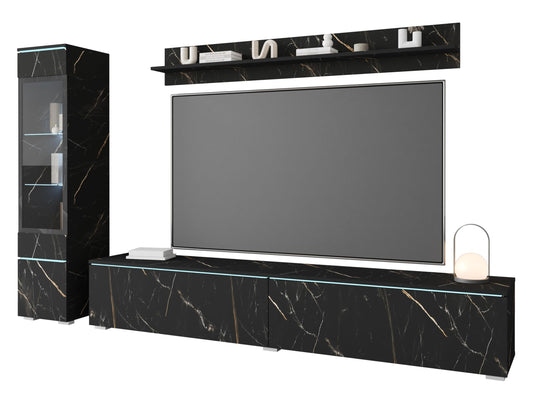 MINIO go for it Veve 2, 4-Piece Wall Unit Set, Hanging or Standing, 2 x Tall Cabinet Display Cabinets, Lowboard, Wall Board, Laminated Clamping Plate, Wotan Oak and Black Gloss, without Lighting