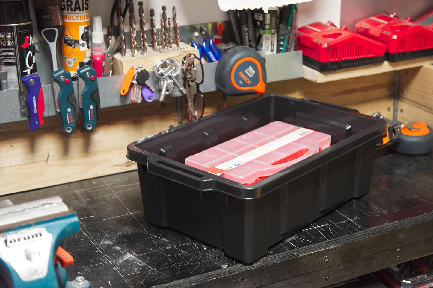 Iris Ohyama, 100L Plastic Storage Box with Heavy Duty Lid, Set of 2, Black, Stackable, Garage Shelves, Moving Moving Plastic Tool Box Storage Box UTB-27