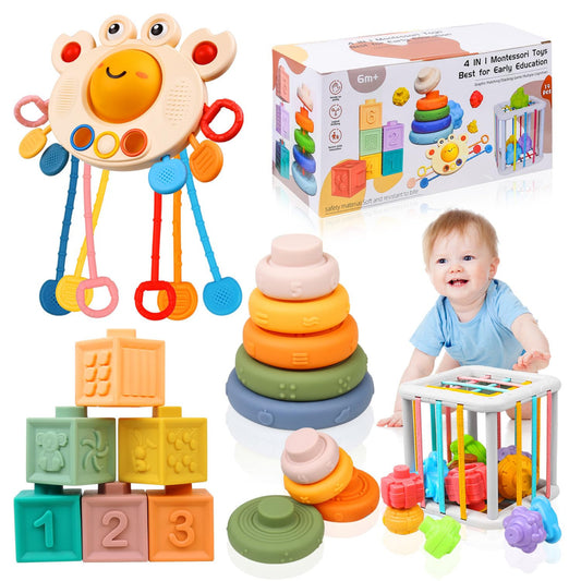 Richday Montessori Spielzeug Baby,Baby Spielzeug 6 Monate,8 in 1 Montessori Motorikspielzeug Stapeln Baublöcke Sensorischer Lernspielzeug für Kleinkinder Passende Eier, Saugnapf-Kreiselspielzeug