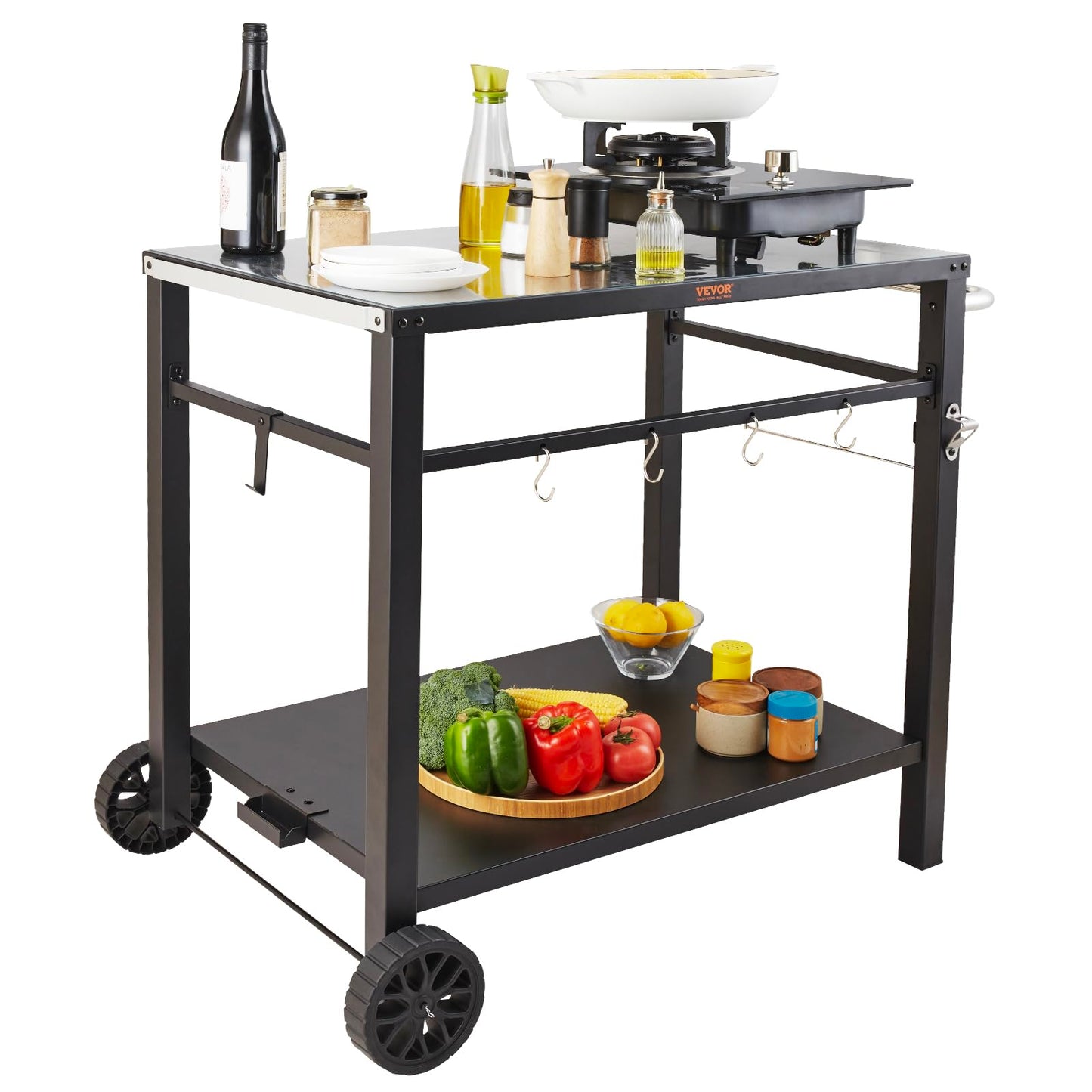 VEVOR Serving Trolley, Kitchen Trolley, 100 x 64 x 83.5 cm, Outdoor Barbecue Dining Trolley with Double Shelf, Movable Grill Table for Preparing Food, Multifunctional Iron Table Top, Black