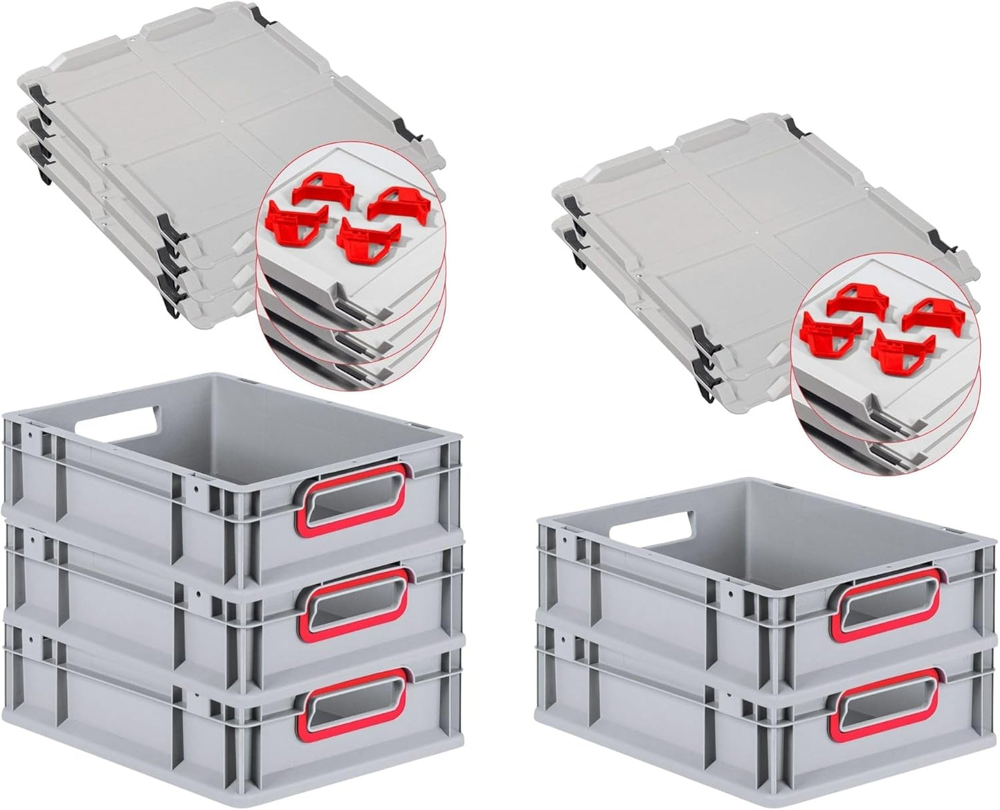 PROREGAL Economy Set of 5 Eurobox NextGen Colour with Lid and Sliding Snap Fasteners, H x W x D 22 x 30 x 40 cm, 20 L, Black, Closed Handles, Euro Container, Transport Box, Transport Container