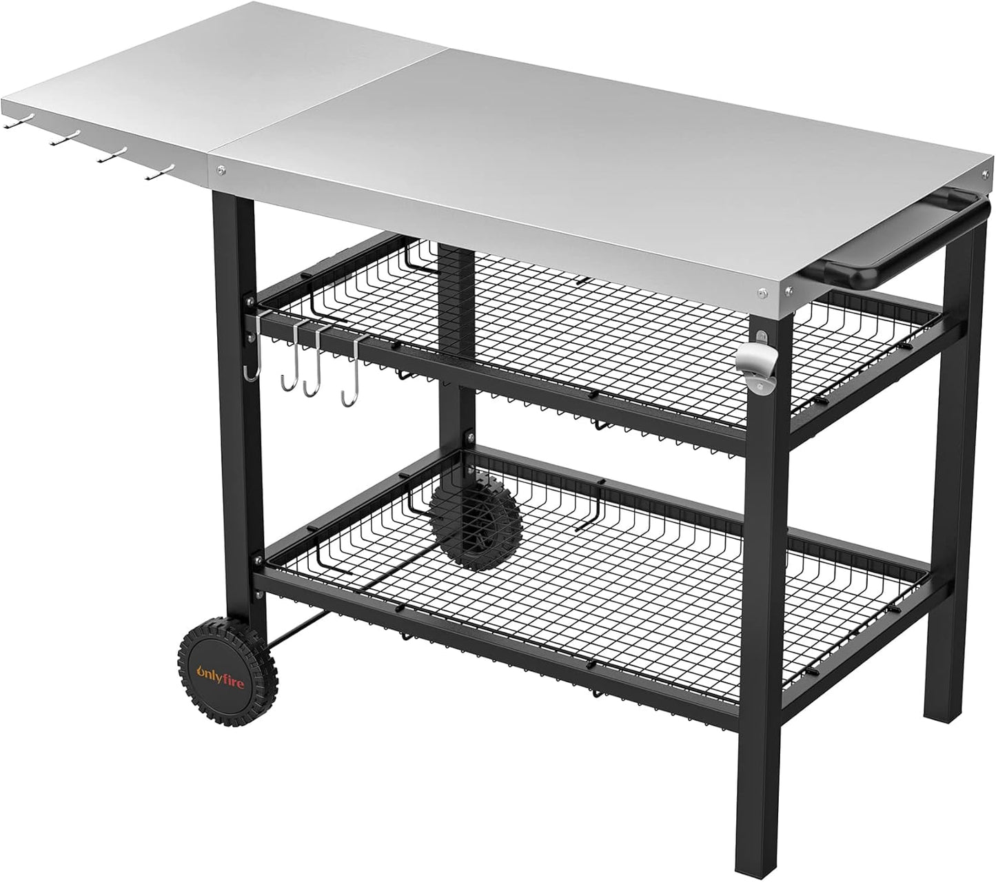 Onlyfire Barbecue Trolley, Stainless Steel Grill Table with Large Work Surface and Side Table, Grill Side Table, Outdoor Grill Table, Outdoor Serving Trolley, Outdoor Garden Trolley for Outdoor,