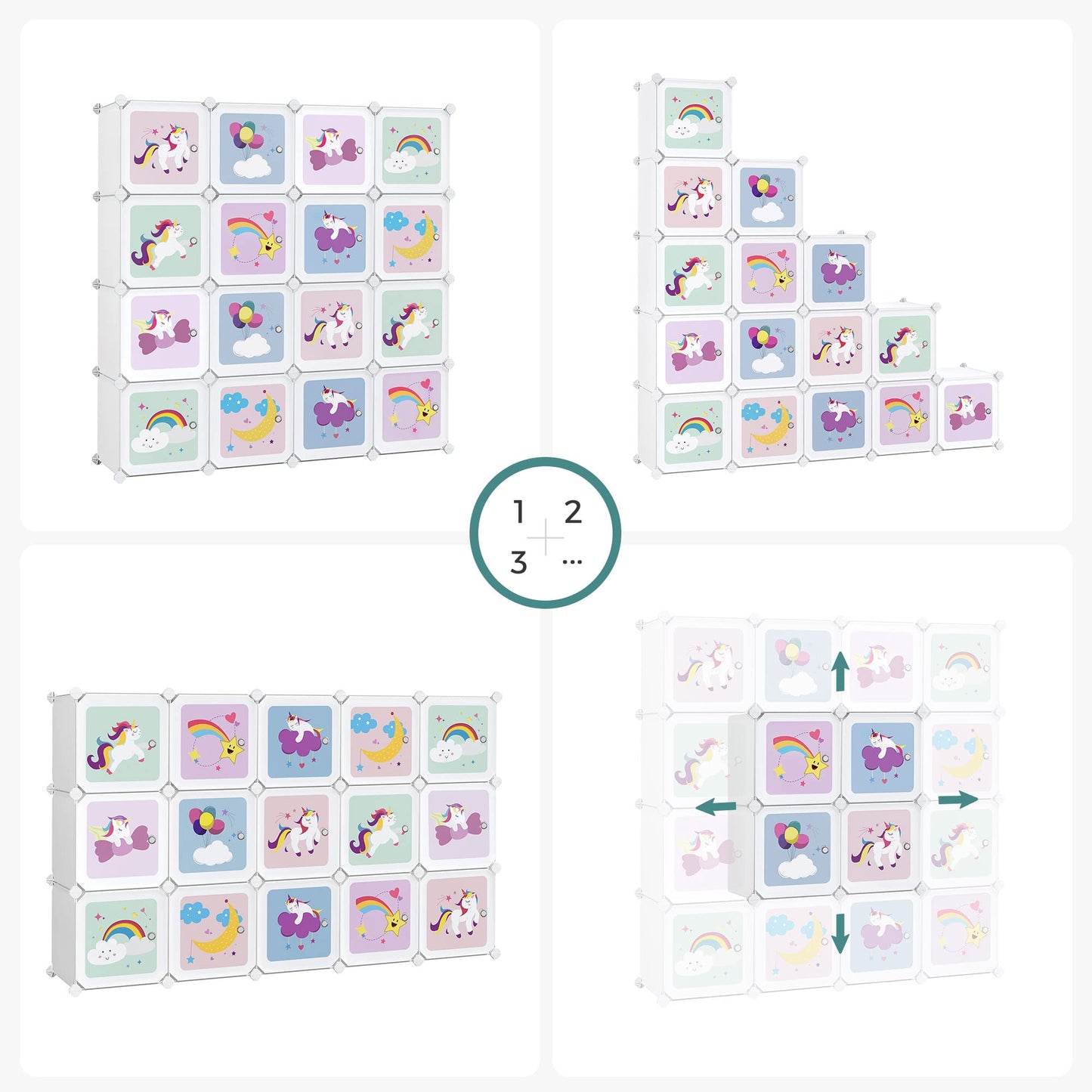 SONGMICS 16 Cube Shelving System, Storage Cabinet for Kids, Wardrobe with Doors, Plastic Shoe Rack, Boltless Shelf, Multipurpose, Shoes, Toy, 123 x 31 x 123 cm, White LPC906W01