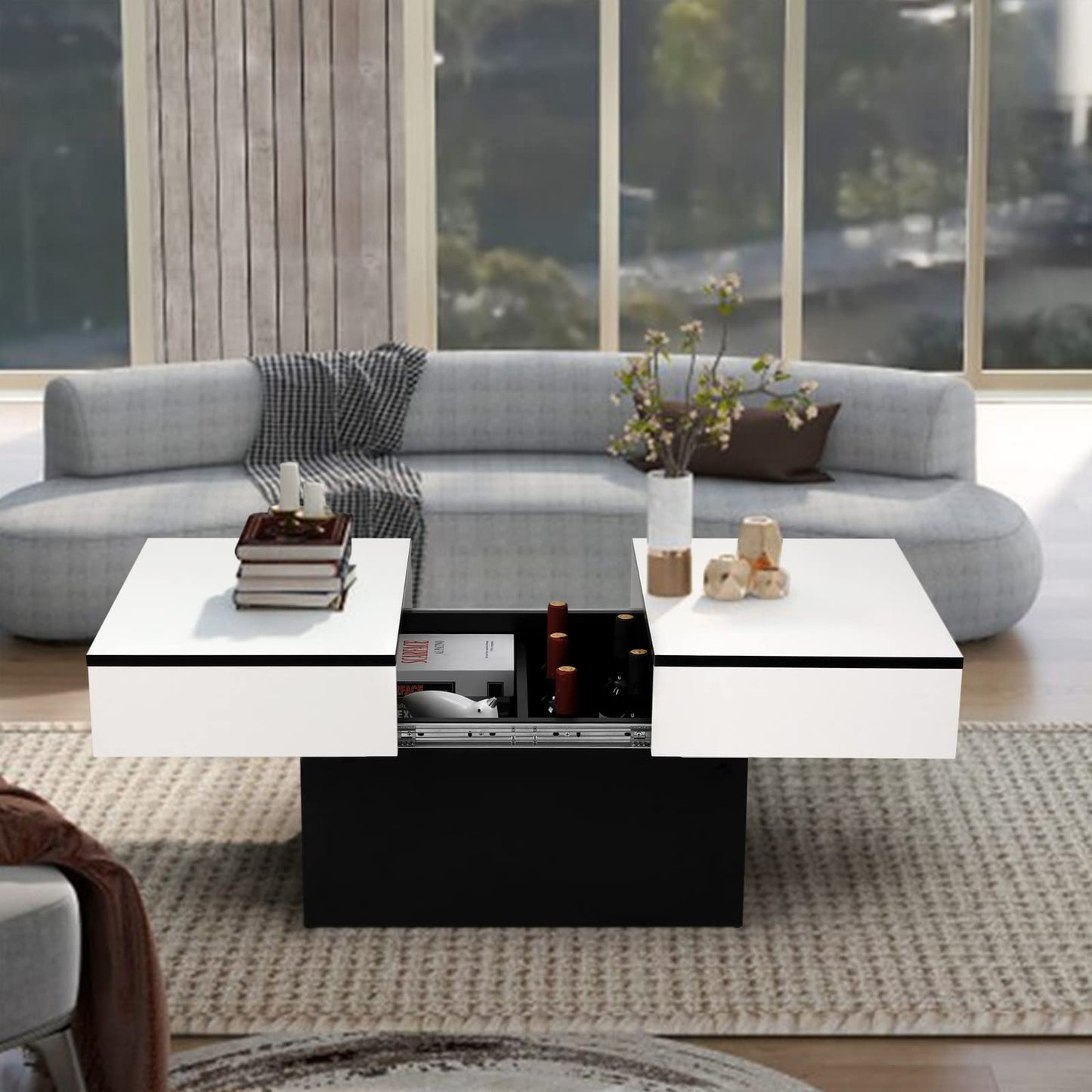 Vowner Coffee Table, Modern Coffee Table, Extendable Desk, Living Room Table with 2 Storage Spaces, High Gloss Finish, 114 x 58 x 40 cm, White Marbling
