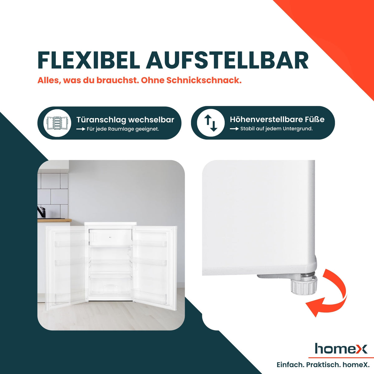 homeX Fridge without Freezer, Full-Room Fridge Small - 88 L Net Capacity, Freestanding and Compact, Table Fridge Quiet 39 dB, Fridge with LED Interior Lighting and Temperature Control, Silver