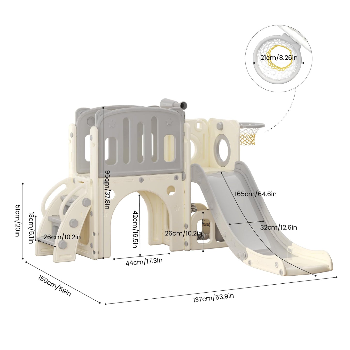 hoopyosms Kids Slide with Climbing Frame, Basketball Hoop and Tunnel, Indoor Plastic Slide Set for Kids, Montessori Toy for Playground, Grey
