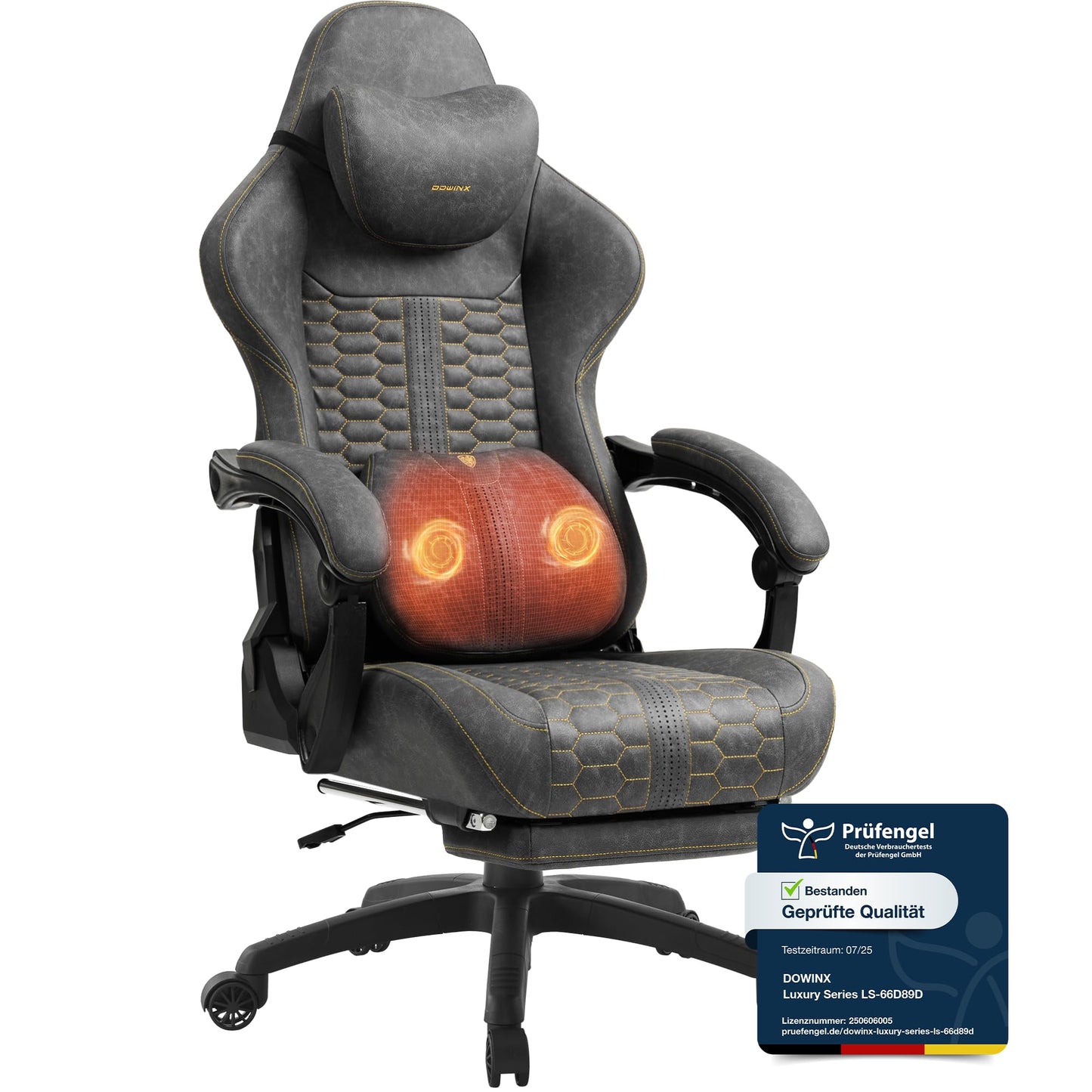 Dowinx Big and Tall Gaming Chair with Massage Lumbar Support, Gamer Chair with Footrest, Ergonomic Computer Chair, PU Leather, 180 kg, Brown