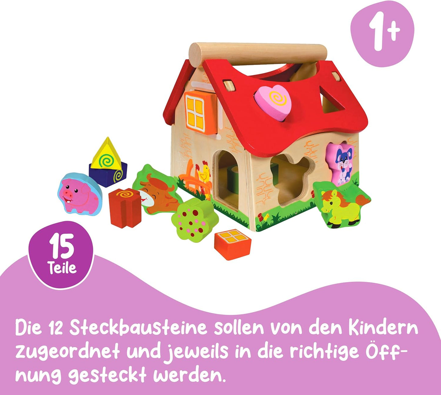 Eichhorn Wooden Pine House 15 Piece House with 12 Push-through Shape Blocks, Motor Skills Toy for Children 1 Year and Above Size: 18 x 17.5 x 18 cm.
