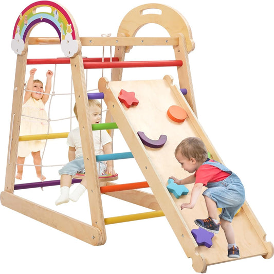 Yosamy Montessori Klettergerüst, 5 in 1 Indoor Spielplatz für Kinder, Holz Klettergerüst mit Schaukel, Bogen, Rutsche, Kletterseil