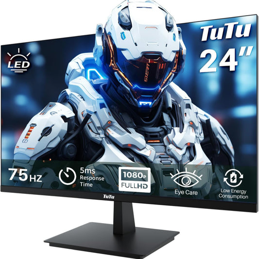 TuTu 24 Zoll Monitor Full HD VA Panel Randlos 75HZ Eye Care (1920 x 1080, VGA HDMI VESA 75 x 75mm) Flimmerfrei Blaulichtfilter Niedriger Stromverbrauch Monitor für PC Büro Schwarz