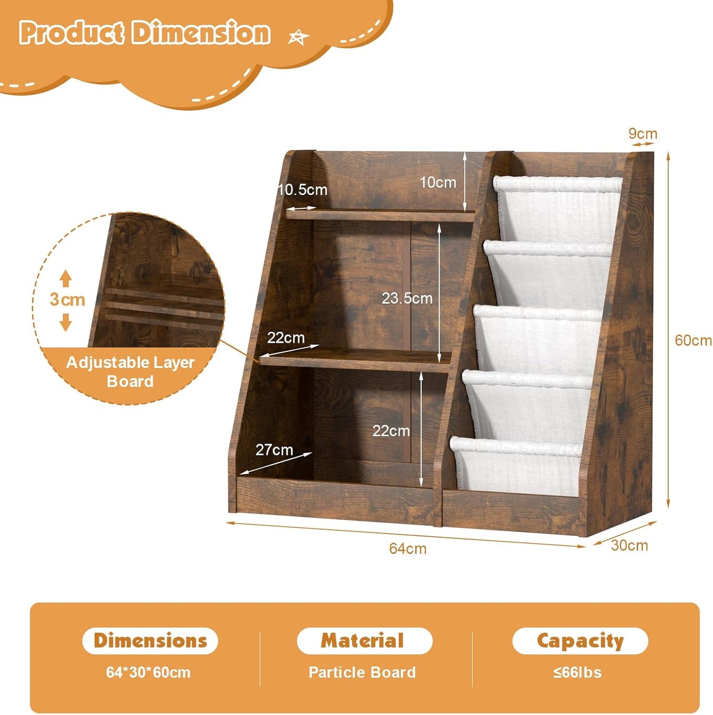 Children's Shelf, White with 5 Shelves and 4 Open Compartments, Bookcase for Children, Toy Organiser, 90 x 40 x 80 cm