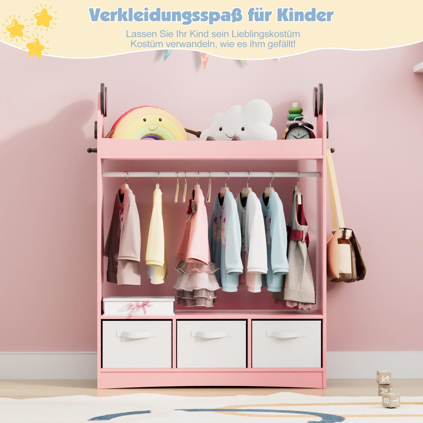 Children's Clothes Rack with Mirror, Clothes Rail with Shelves, Children's Wardrobe Wood, Children's Shelf for Children's Room, 81 x 28 x 106.5 cm (Clouds with 2 Drawers, White)