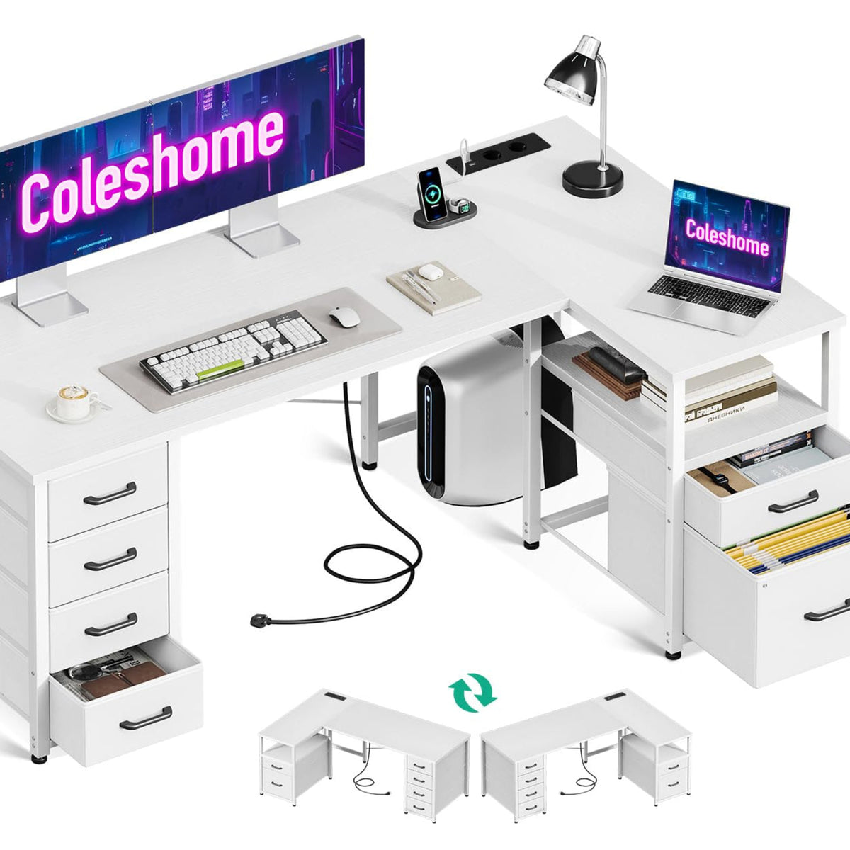 Coleshome Desk with Fabric Drawers, Reversible Desk L Shape with Filing Drawer, Corner Desk with USB Charging Port and Socket, Home Office Desks (White, 140 x 70 cm)