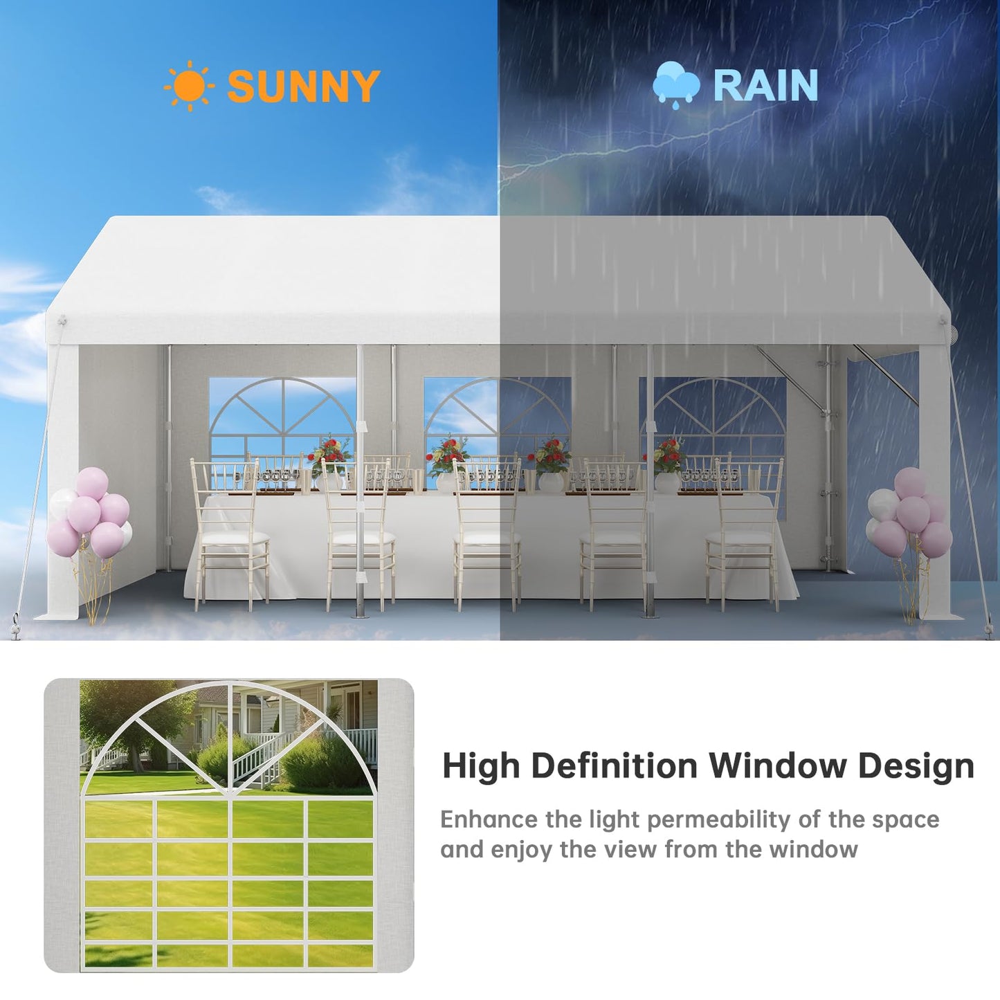 JUMMICO Gazebo Party Tent 4 x 6 Waterproof Stable Garden Tent UV Protection 50+ Tent 170 g PE Tarpaulin Marquee Beer Tent Garden Gazebo for Garden, Party, Festival, Wedding, White