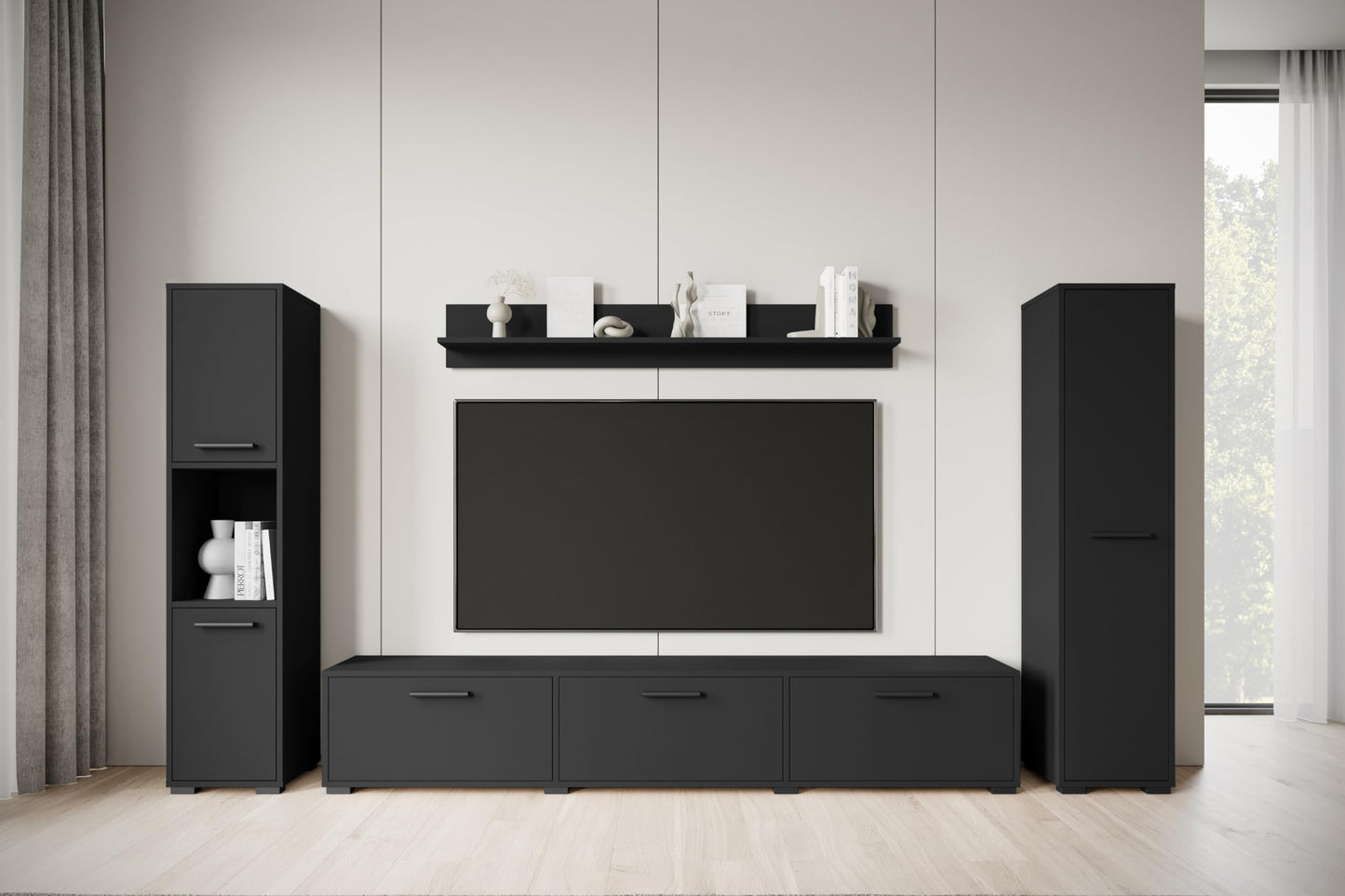 MINIO go for it - Living Room Wall Unit 4-Piece Toga, Living Room Furniture Set, 1 x TV Lowboard, 2 x Tall Cabinet, 1 x Wall Board, Living Room Furniture Complete, Living Room Set - Colour Wotan Oak
