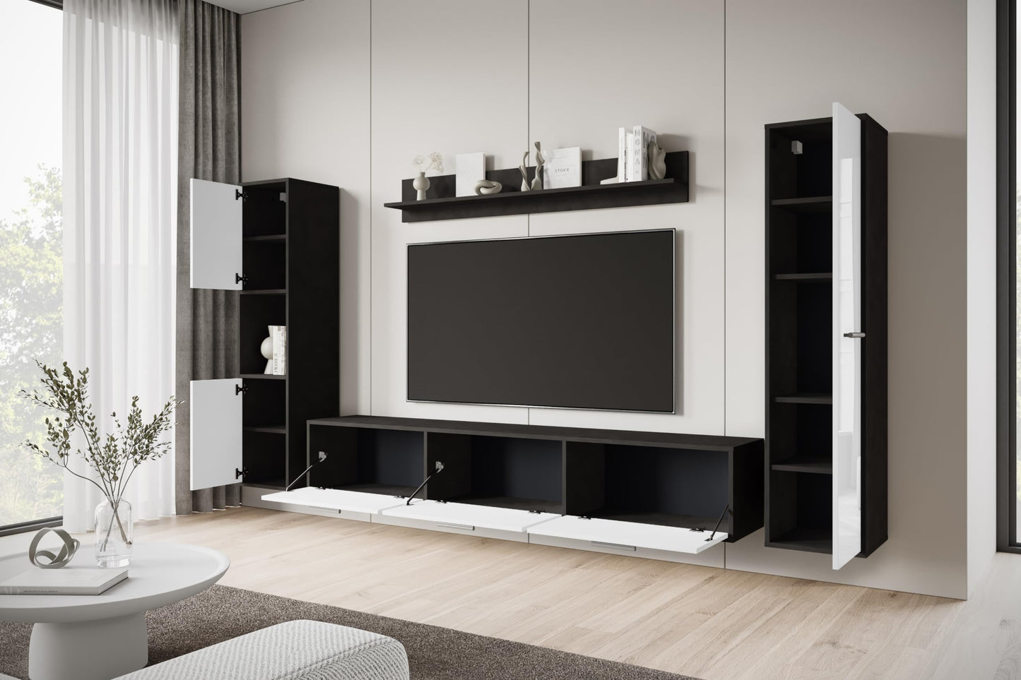 MINIO go for it - Living Room Wall Unit 4-Piece Toga, Living Room Furniture Set, 1 x TV Lowboard, 2 x Tall Cabinet, 1 x Wall Board, Living Room Furniture Complete, Living Room Set - Colour Wotan Oak