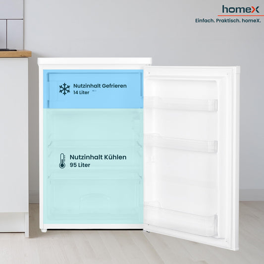 homeX Fridge without Freezer, Full-Room Fridge Small - 88 L Net Capacity, Freestanding and Compact, Table Fridge Quiet 39 dB, Fridge with LED Interior Lighting and Temperature Control, Silver