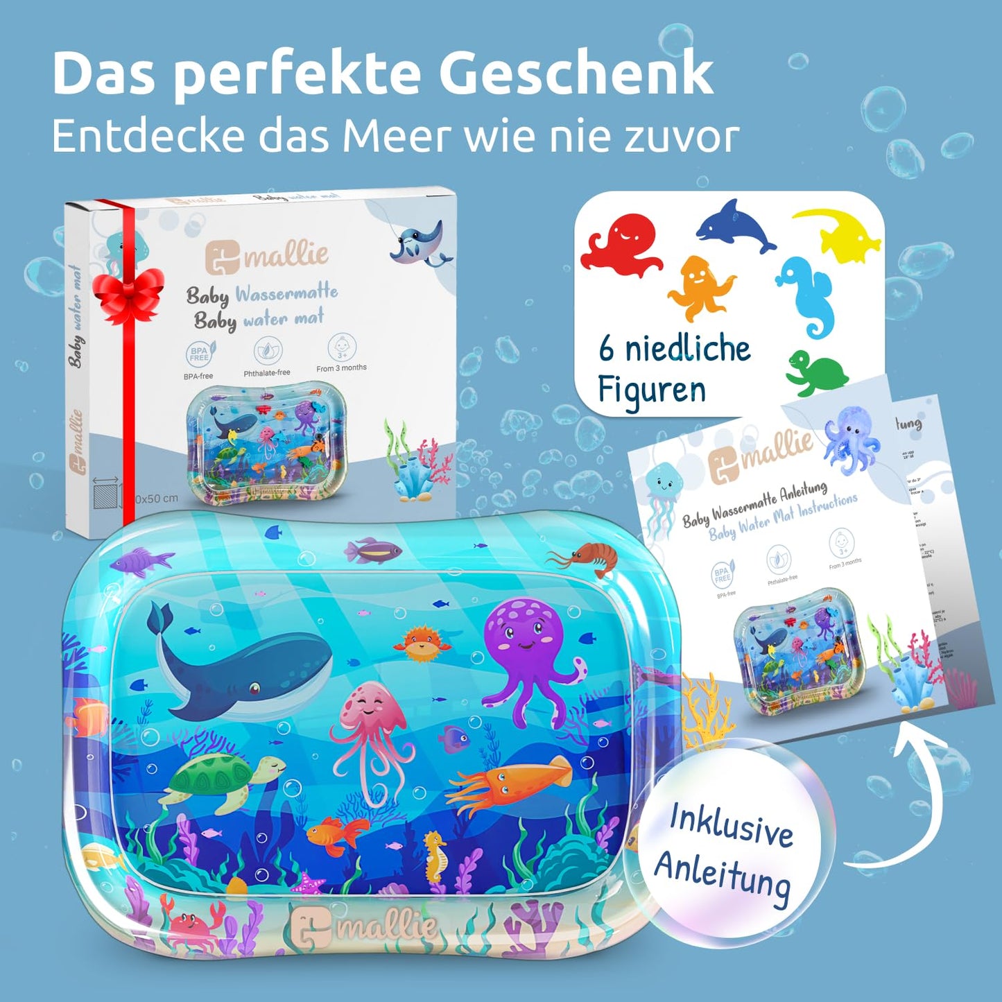 Mallie® Wassermatte Baby 66x50 CM [100% BPA & Schadstoff-Frei] ab 3, 6 und 9 Monate im Ozean Blau Design I Baby Spielzeug, Spielzeug Ab 6 Monate als Wassermatte Baby und Baby Spielzeug 6 Monate