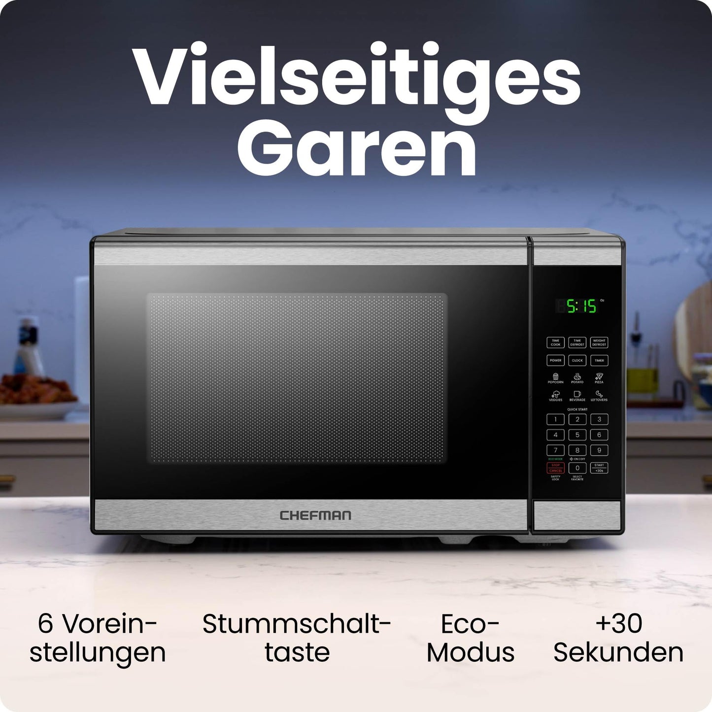 Chefman Microwave 20L 800W 6 Presets 10 Power Levels Digital Display Eco Mode Memory Function Mute Child Protection