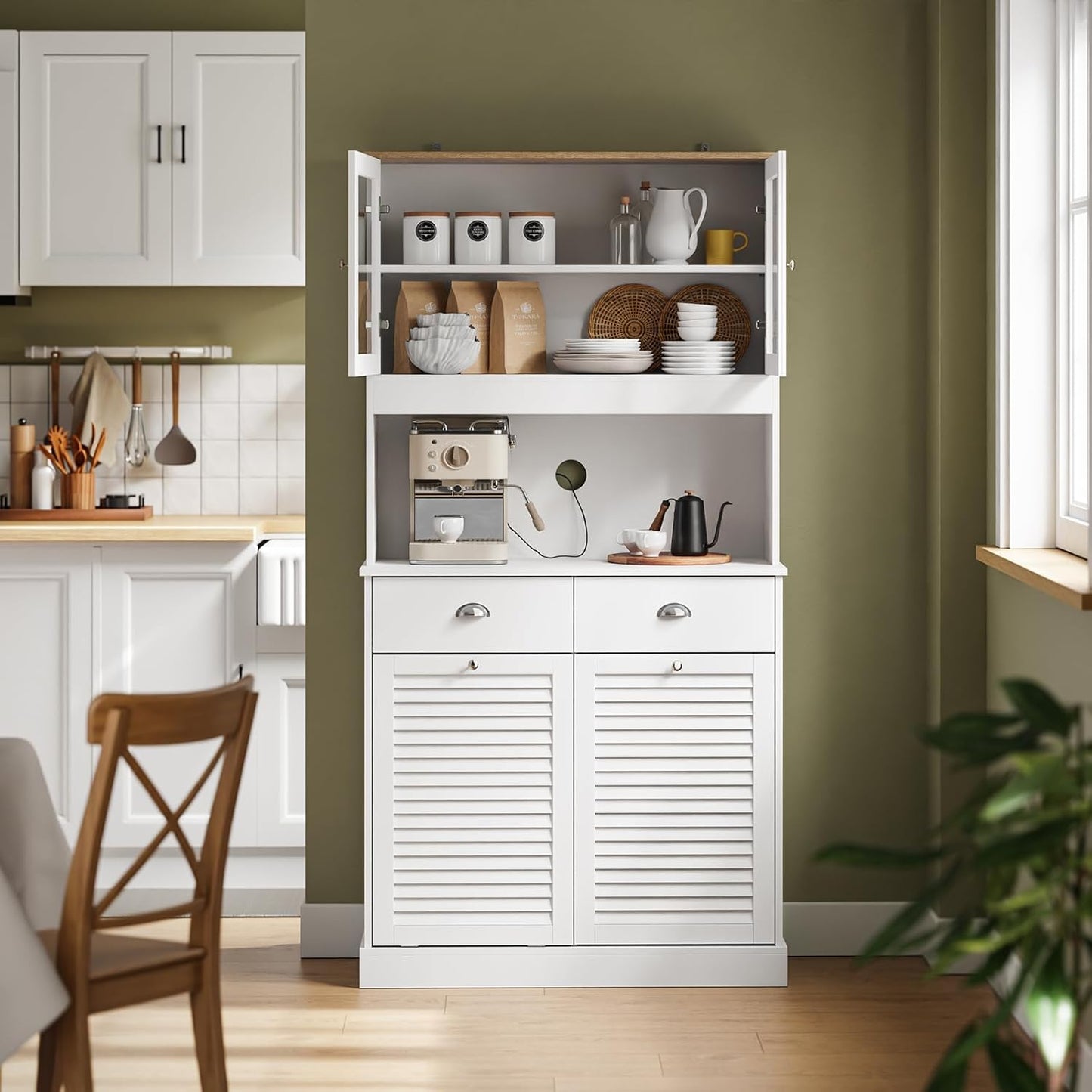 SoBuy FSB101-W Tall Cabinet with Glass Doors and Tilting Compartment, Kitchen Cabinet with Microwave Compartment, Sideboard Chest of Drawers with Doors and Drawers for Kitchen, Living Room & Storage