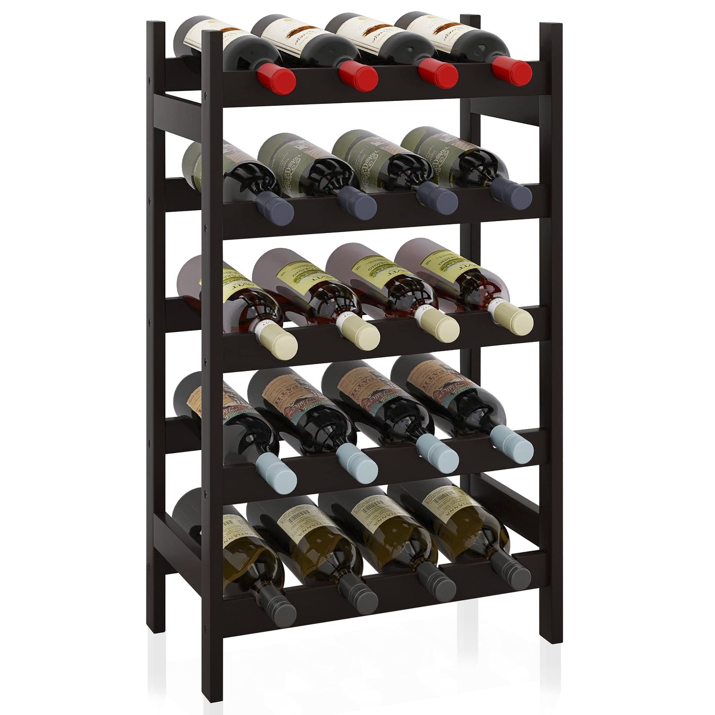 SMIBUY Bamboo Wine Rack, 20 Bottle Display Holder, 5 Tier Freestanding Storage Racks for Kitchen, Pantry, Basement, Bar (Black)
