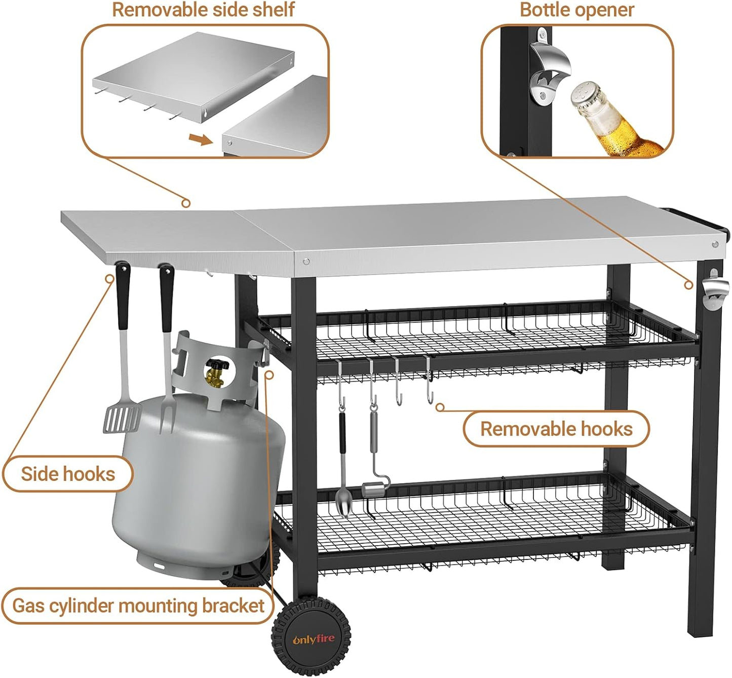 Onlyfire Barbecue Trolley, Stainless Steel Grill Table with Large Work Surface and Side Table, Grill Side Table, Outdoor Grill Table, Outdoor Serving Trolley, Outdoor Garden Trolley for Outdoor,
