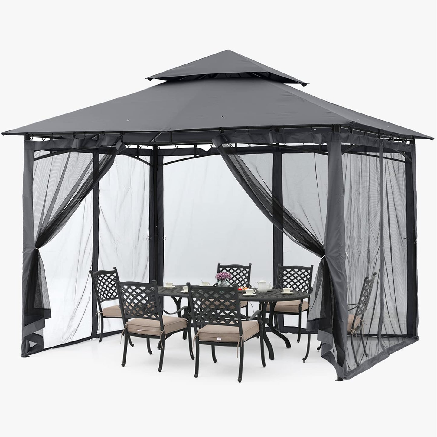 ABCCANOPY Pavillon 2.5x2.5m Wasserdicht Stabil Winterfest Gartenpavillon，Doppeldachweichdach Hinterhof-Partyzelt mit Netz für Schatten und Regen,Grau