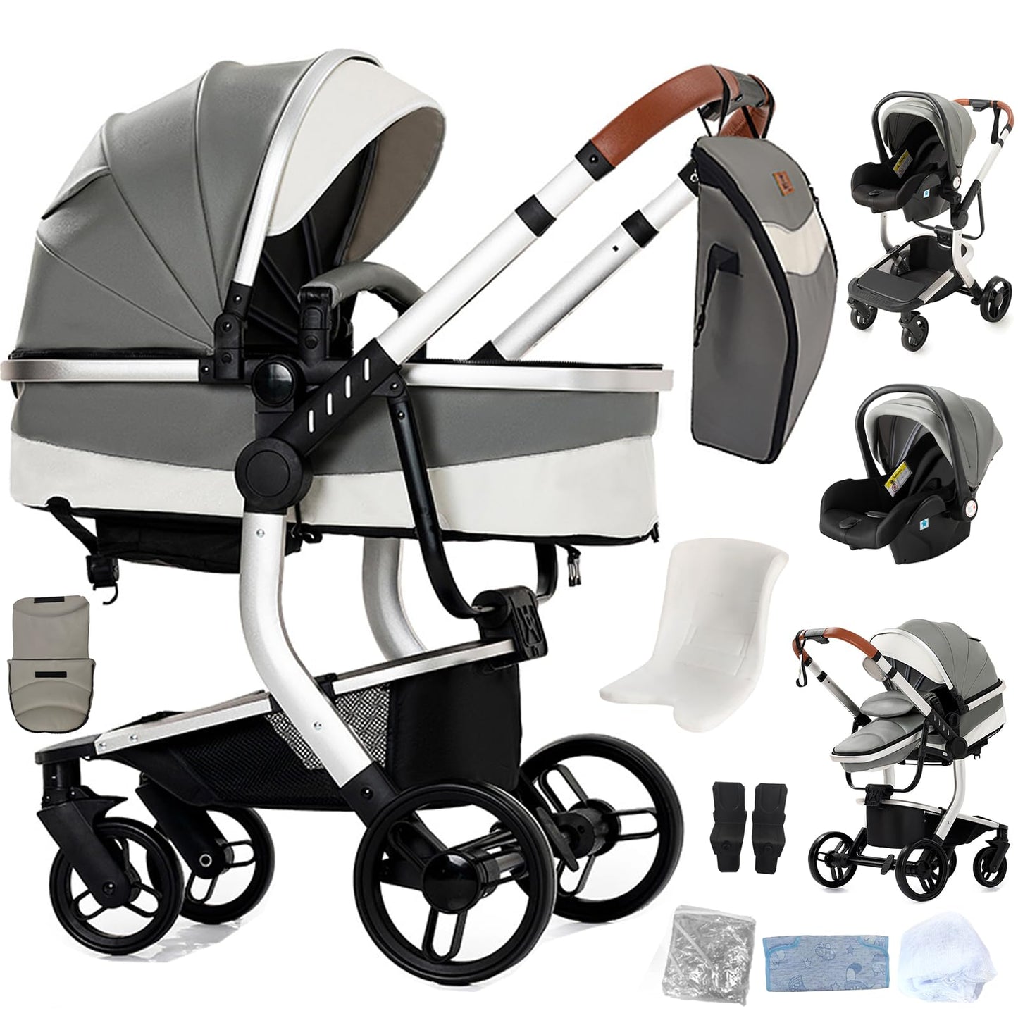PU Leather Pushchair 3-in-1, Buggy with One-Click Folding Design, Pushchair with Two Reversible Sliding Modes, Combination Pushchair 3-in-1 Complete Set Frame Aluminium Alloy (518 Black)